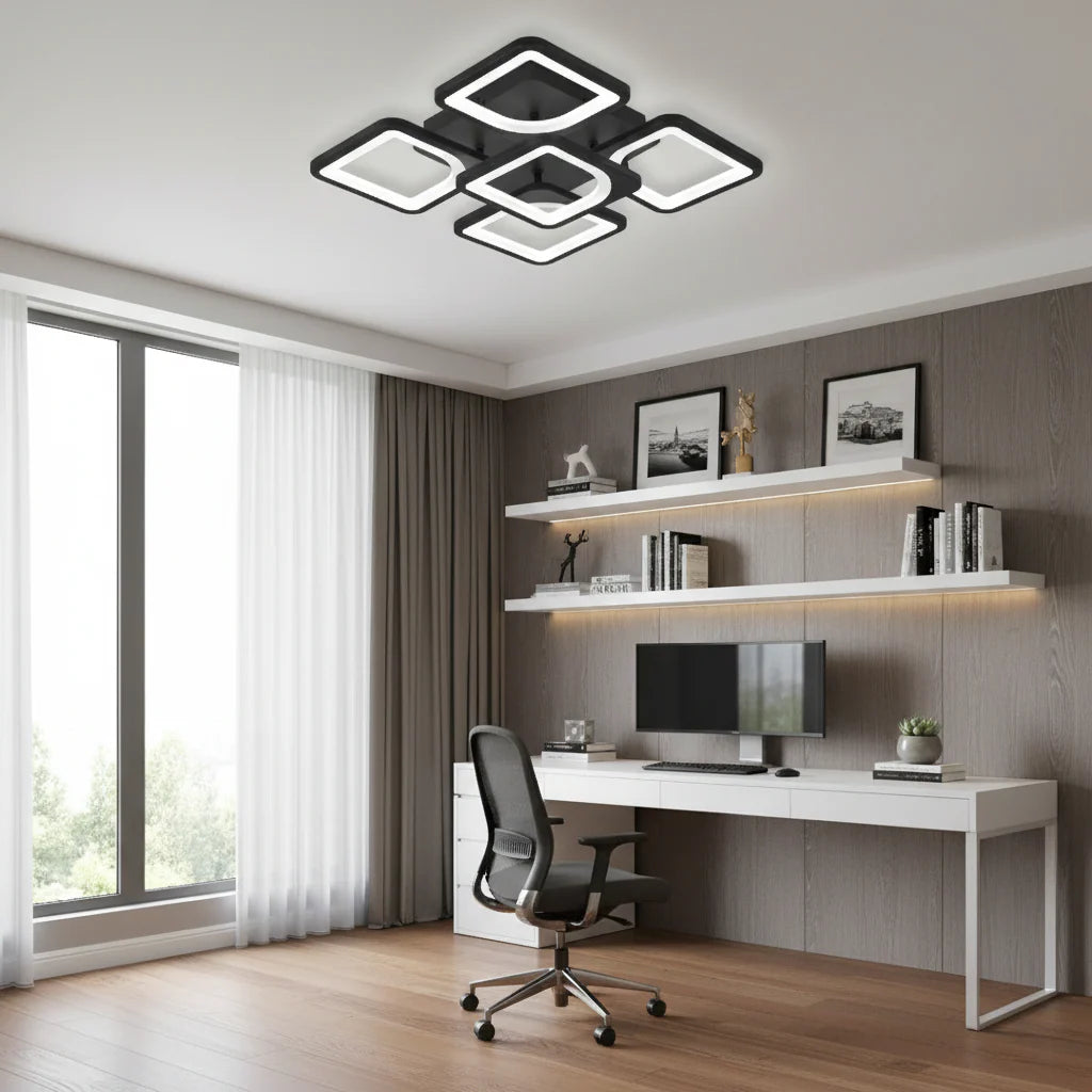 Lustra LED cu telecomanda ZOE 5 Patrate, 68W, Lumina Rece/Calda/Neutra, Dimabila, Negru