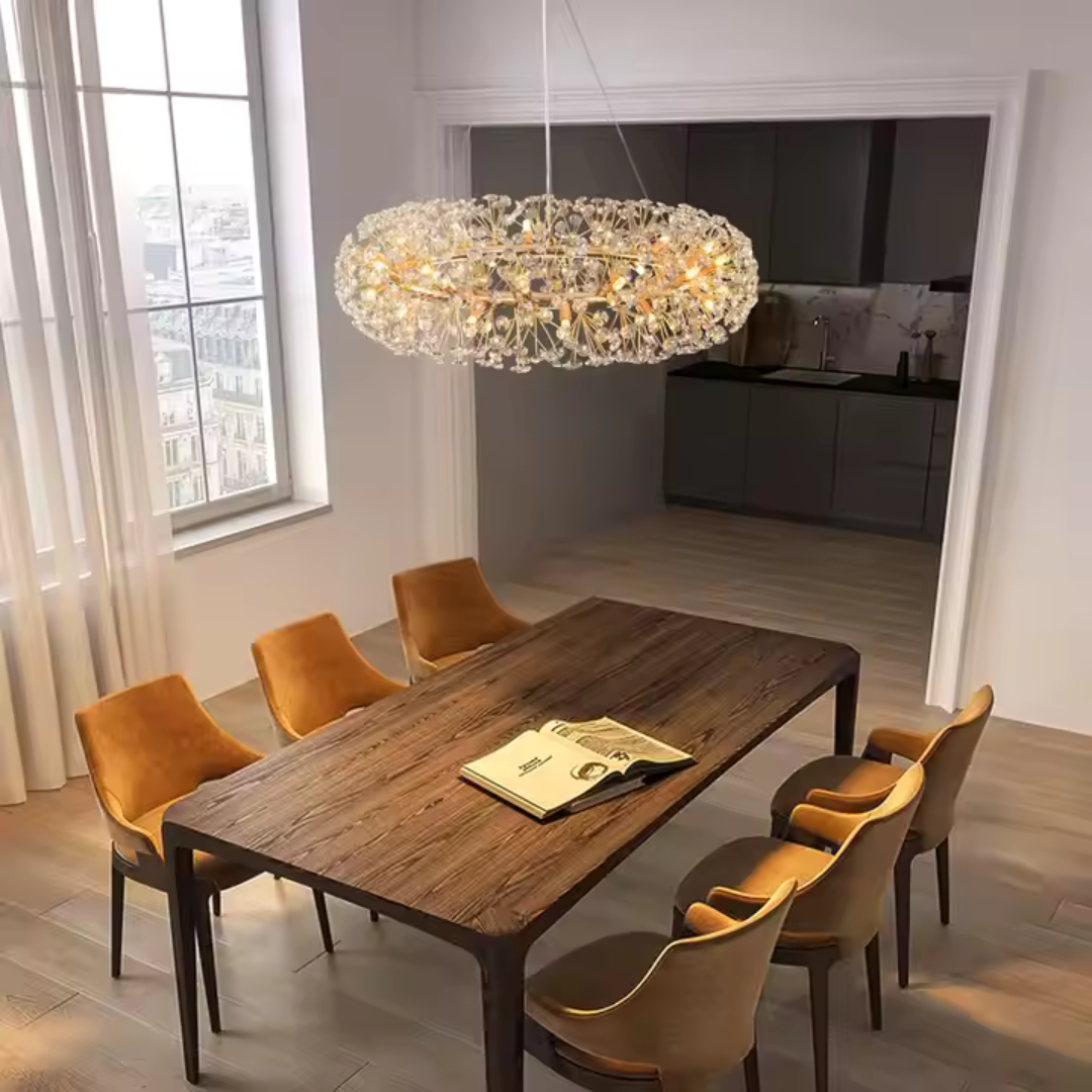 Candelabru Cristal SEGOVIA Magno 5x E14, Diametru 60cm, Auriu Lucios, Inaltime Reglabila – RegalStore