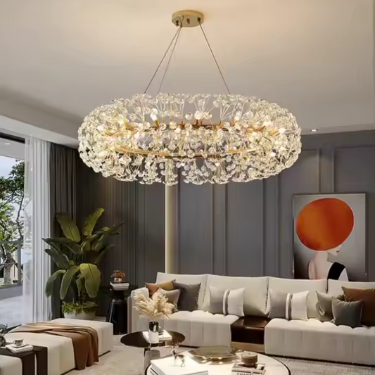 Candelabru Cristal SEGOVIA Magno 5x E14, Diametru 60cm, Auriu Lucios, Inaltime Reglabila – RegalStore
