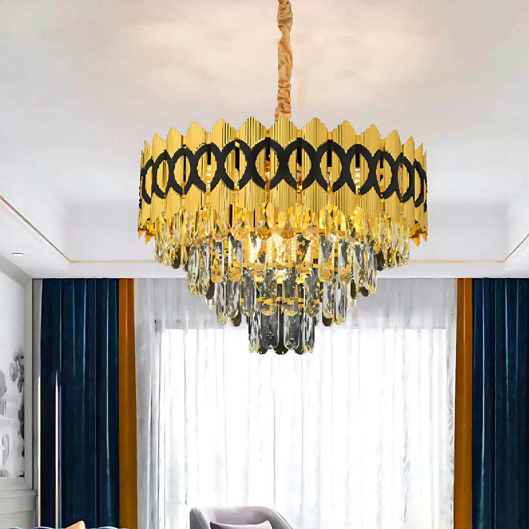 Candelabru Cristal PIERREFONDS Nobile 6xE14, Diametru 40cm, Auriu Lucios, Inaltime Reglabila