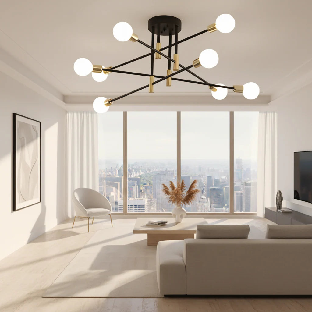 Lustra Modernist Hexa 8 Duo, 8x E27, Negru si Auriu, Design Modern