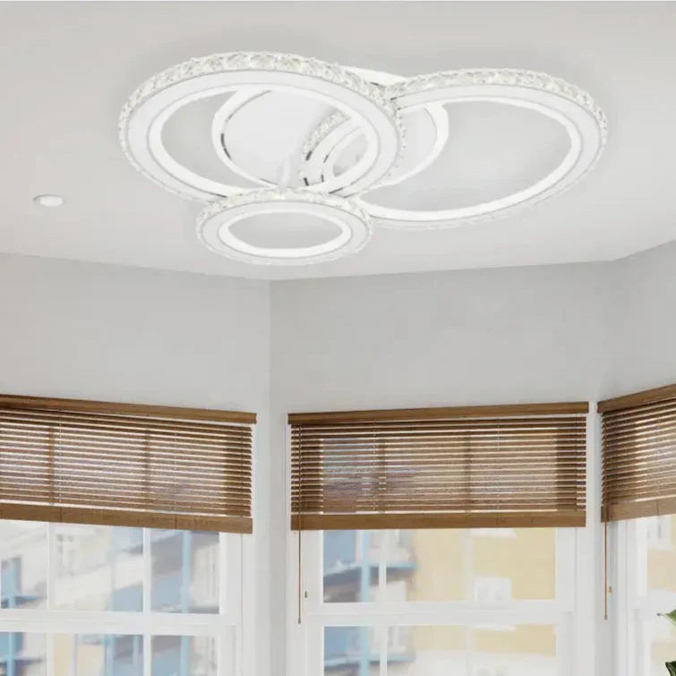 Lustra LED NOVA Rotonda cu Cristale, 3 Surse de Lumina, RGB, cu Telecomanda, 103W, Alb & Inox