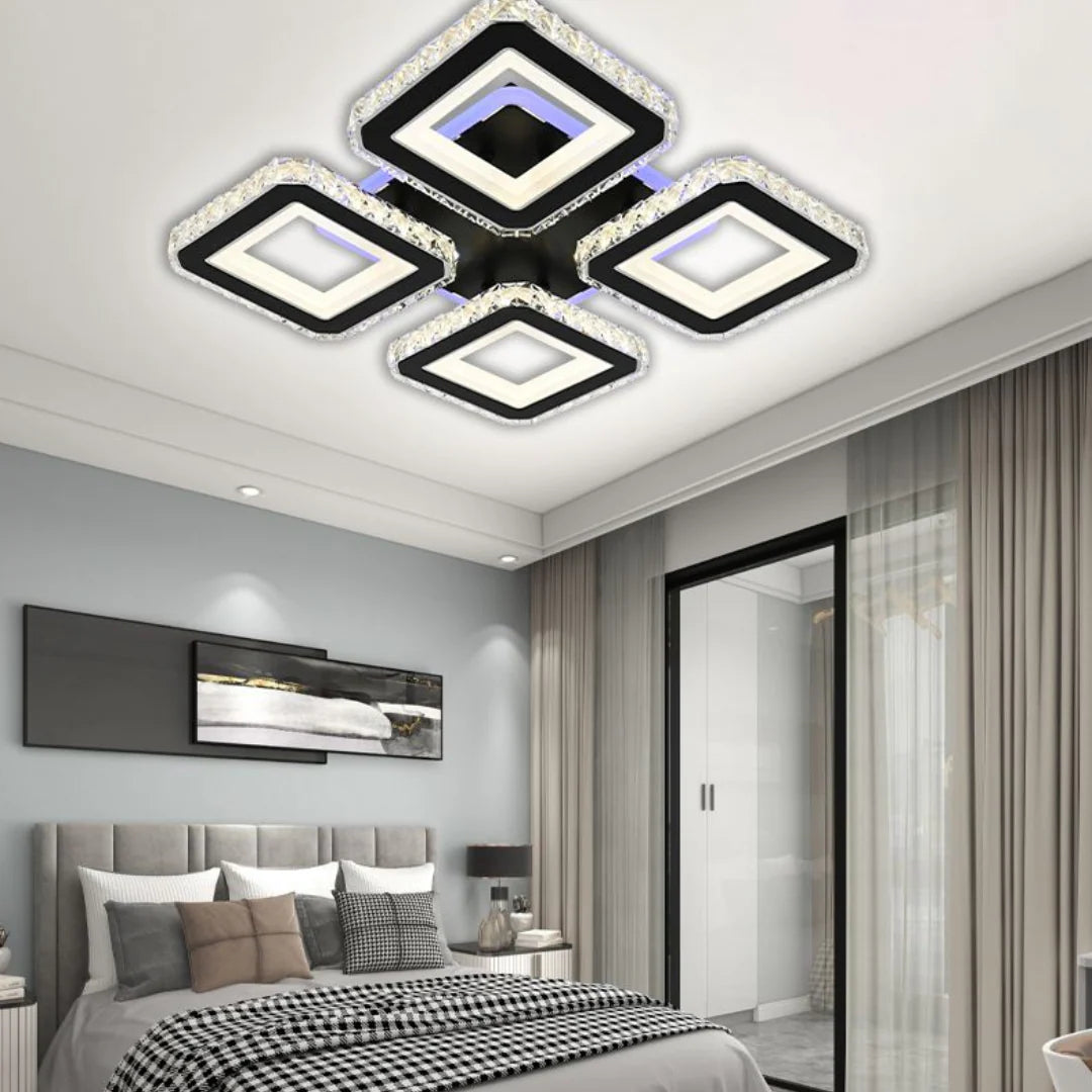 Lustra LED cu telecomanda LEILA, 79W, 4 Patrate, lumina Rece/Calda/Neutra, Dimabila, Negru