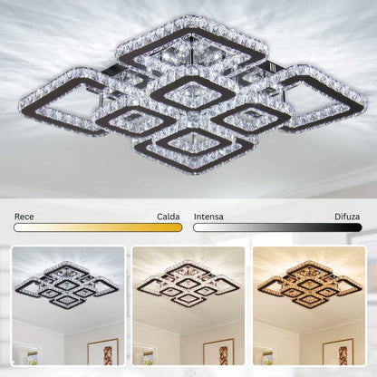 Lustra LED cu telecomanda si cristal QUADRIA SUPREMO RGB, 198W, 8 Patrate, lumina Rece/Calda/Neutra, Dimabila, Crom Lucios