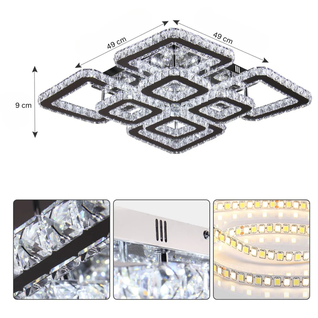 Lustra LED cu telecomanda si cristal QUADRIA SUPREMO RGB, 198W, 8 Patrate, lumina Rece/Calda/Neutra, Dimabila, Crom Lucios