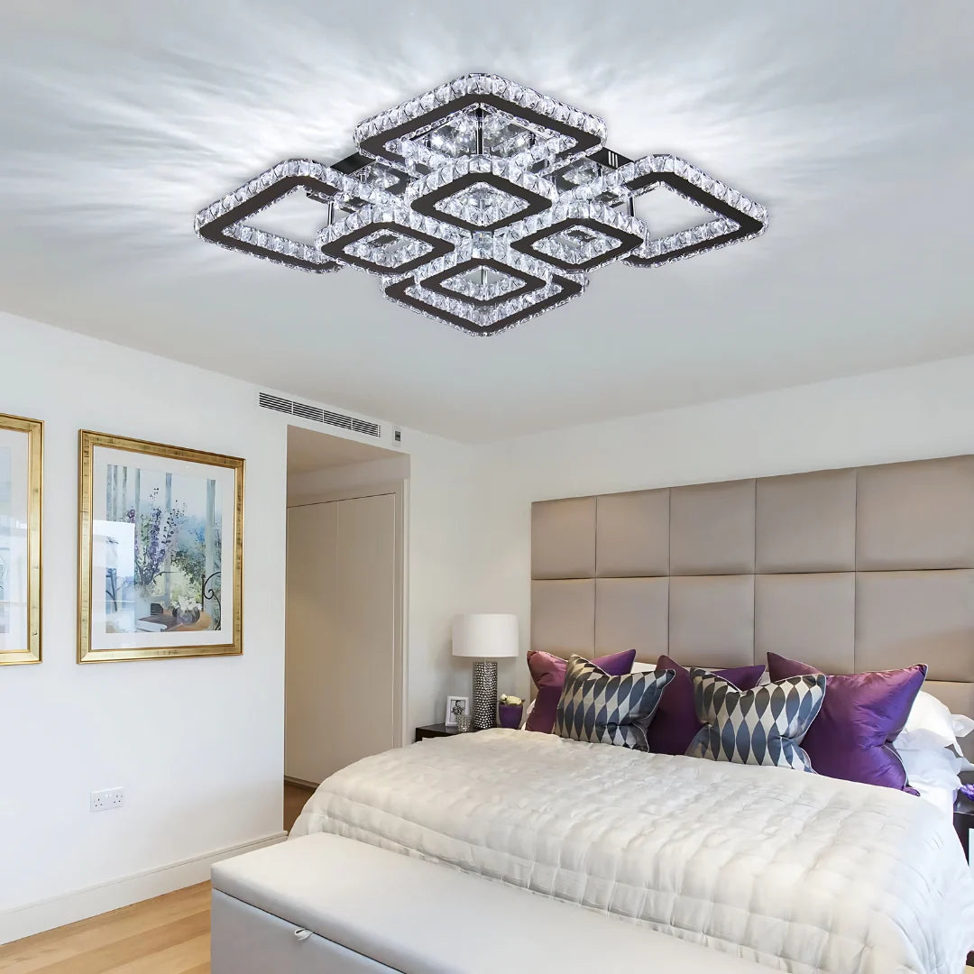 Lustra LED cu telecomanda si cristal QUADRIA SUPREMO RGB, 198W, 8 Patrate, lumina Rece/Calda/Neutra, Dimabila, Crom Lucios