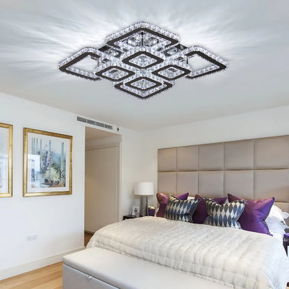 Lustra LED cu telecomanda si cristal QUADRIA SUPREMO RGB, 198W, 8 Patrate, lumina Rece/Calda/Neutra, Dimabila, Crom Lucios
