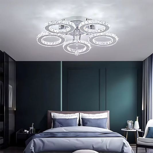 Lustra LED cu telecomanda si cristal ALANUBIS, 61W, 5 Cercuri, lumina Rece/Calda/Neutra, Dimabila, Crom Lucios