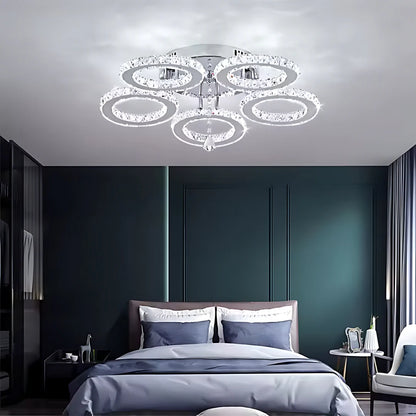 Lustra LED cu telecomanda si cristal ALANUBIS, 61W, 5 Cercuri, lumina Rece/Calda/Neutra, Dimabila, Crom Lucios