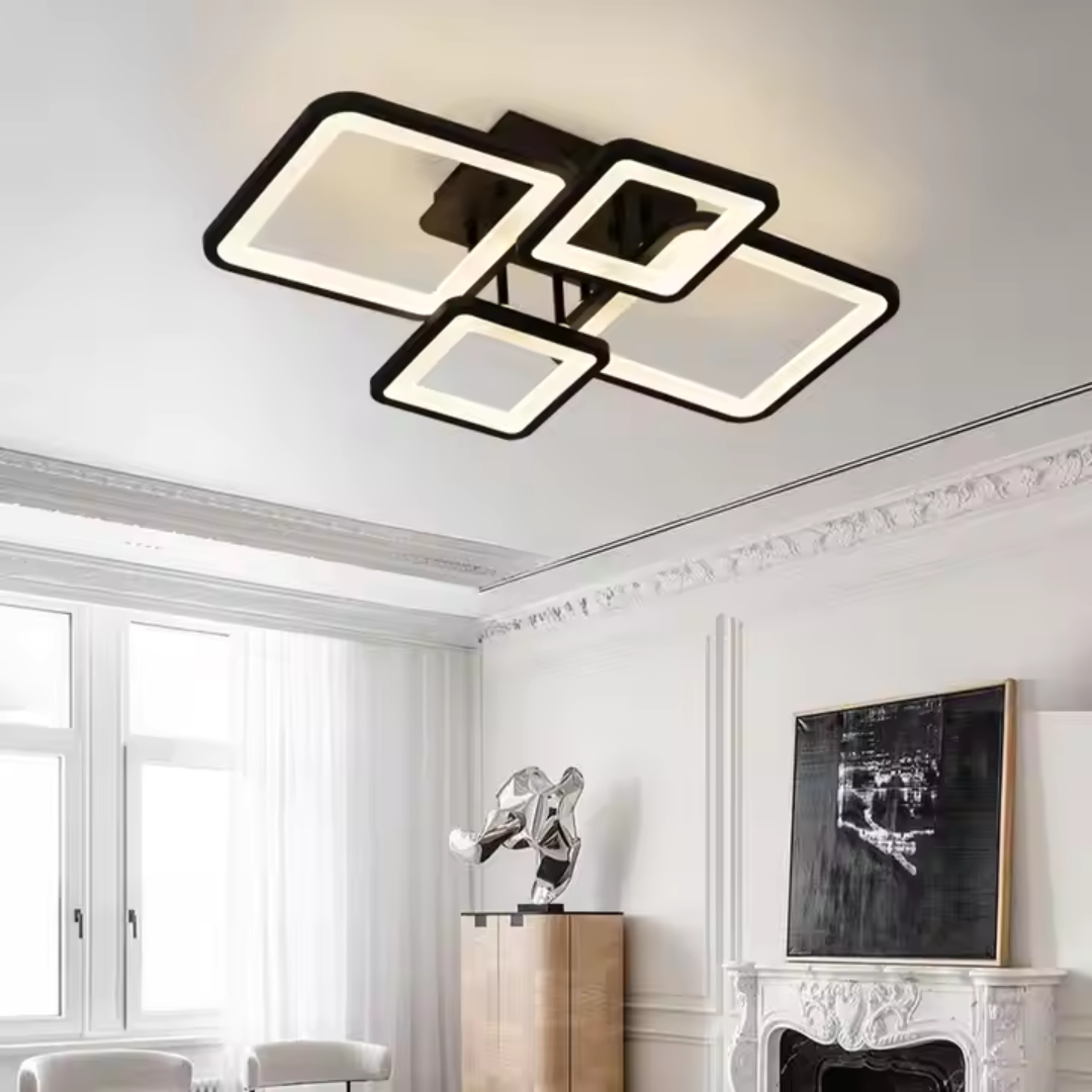 Lustra LED cu Telecomanda, ELLA, 4 Patrate, 85W, Lumina Rece/Calda/Neutra, Dimabila, Negru