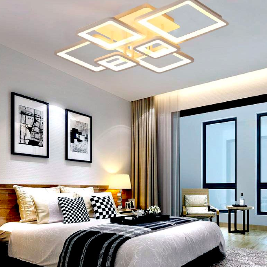 Lustra LED cu Telecomanda, ELLA, 6 Patrate, 124W, Lumina Rece/Calda/Neutra, Dimabila, Alb