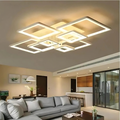 Lustra LED cu Telecomanda, ELLA, 8 Patrate, 203W, Lumina Rece/Calda/Neutra, Dimabila, Alb