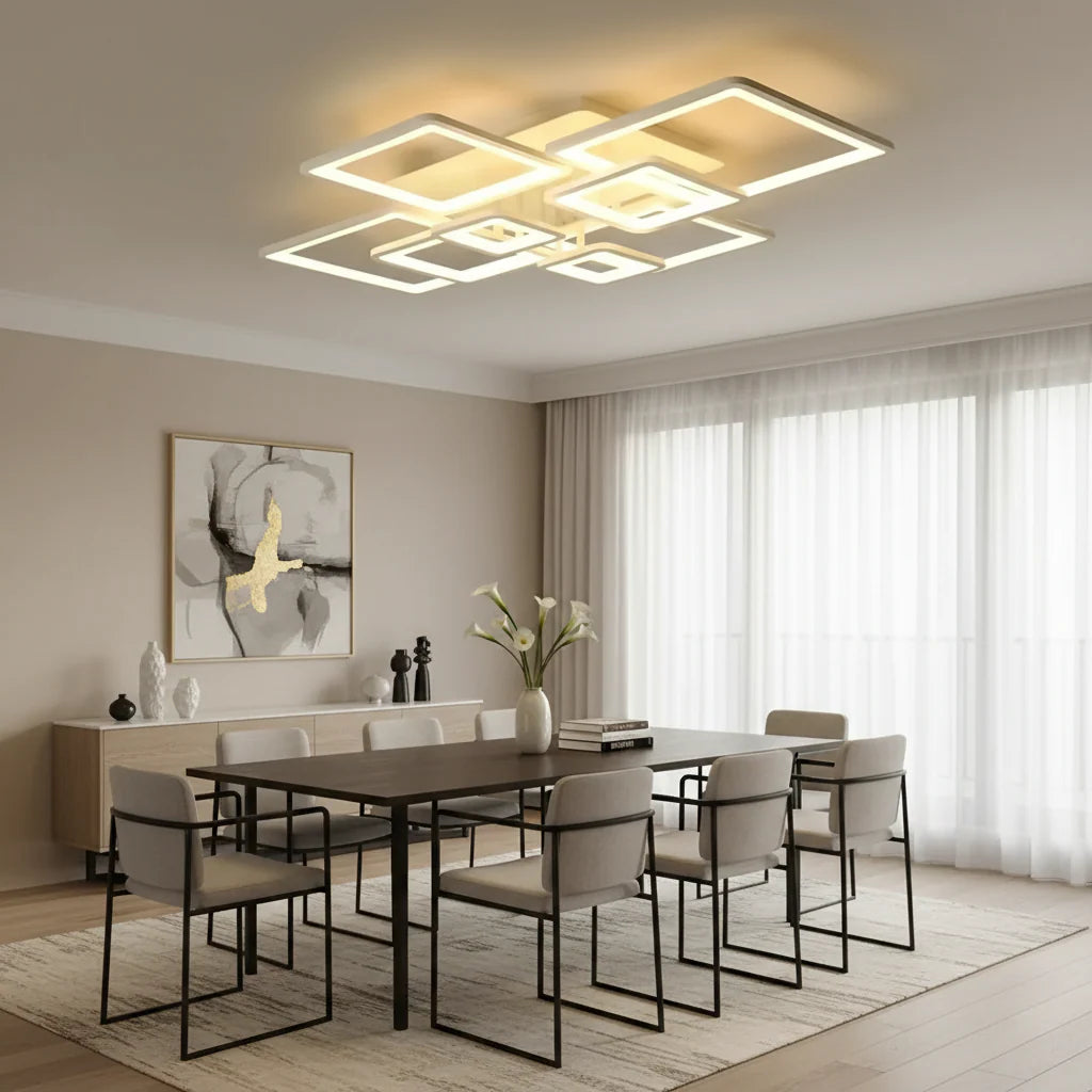 Lustra LED cu Telecomanda, ELLA, 8 Patrate, 203W, Lumina Rece/Calda/Neutra, Dimabila, Alb