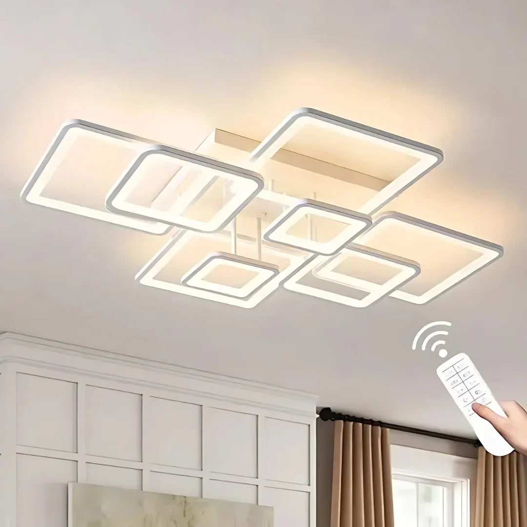 Lustra LED cu Telecomanda, ELLA, 8 Patrate, 203W, Lumina Rece/Calda/Neutra, Dimabila, Alb