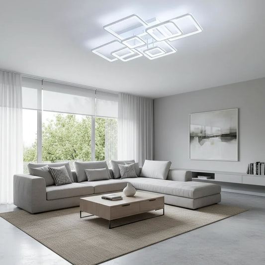 Lustra LED cu Telecomanda, ELLA, 8 Patrate, 203W, Lumina Rece/Calda/Neutra, Dimabila, Alb