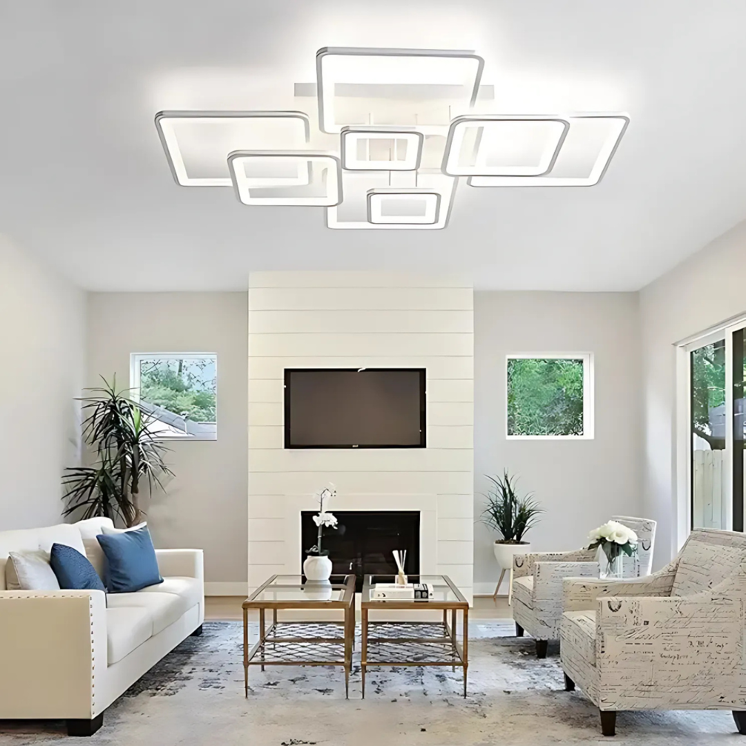 Lustra LED cu Telecomanda, ELLA, 8 Patrate, 203W, Lumina Rece/Calda/Neutra, Dimabila, Alb