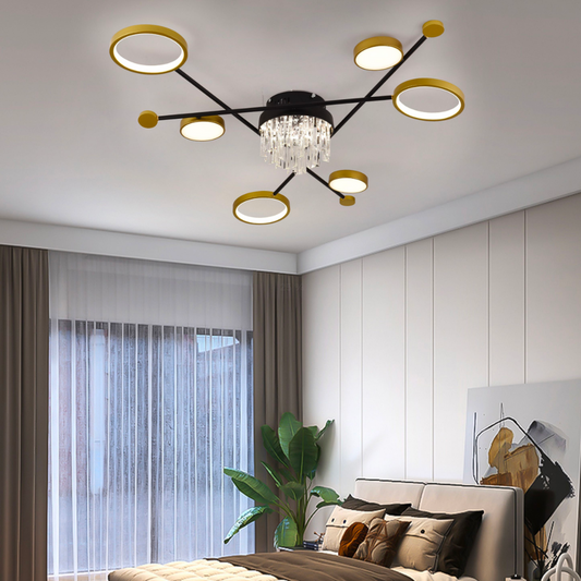 Lustra LED cu telecomanda si cristal GUIDA 38W, 6 Elemente, lumina Rece/Calda/Neutra, Dimabila, Negru Auriu – RegalStore