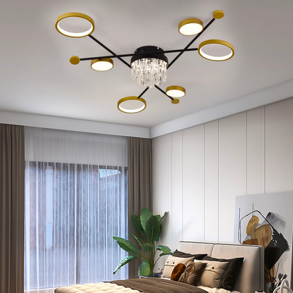 Lustra LED cu telecomanda si cristal GUIDA 38W, 6 Elemente, lumina Rece/Calda/Neutra, Dimabila, Negru Auriu – RegalStore