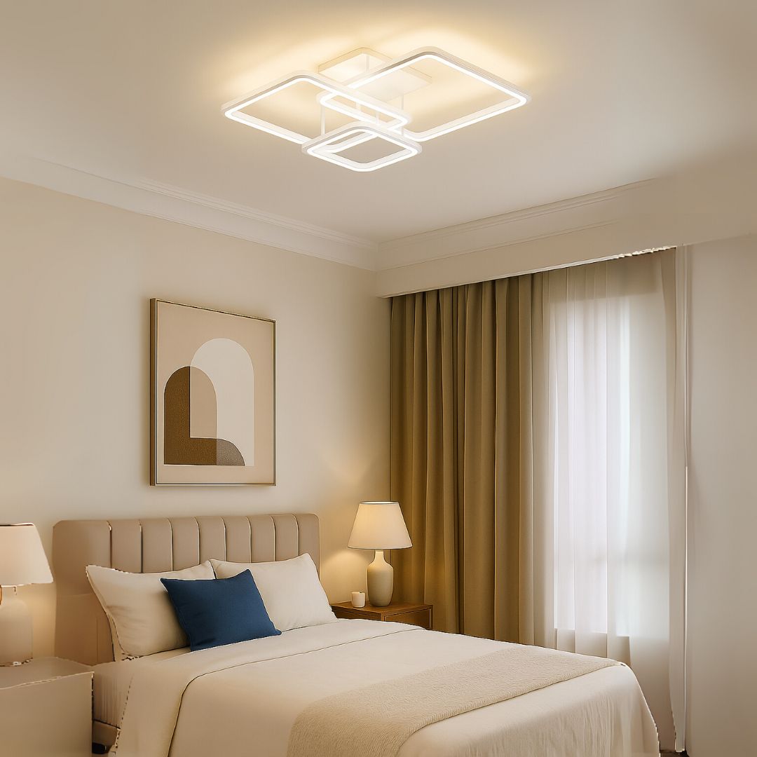 Lustra LED cu telecomanda ZOE, 64W, 3 Patrate, lumina Rece/Calda/Neutra, Dimabila, Alb