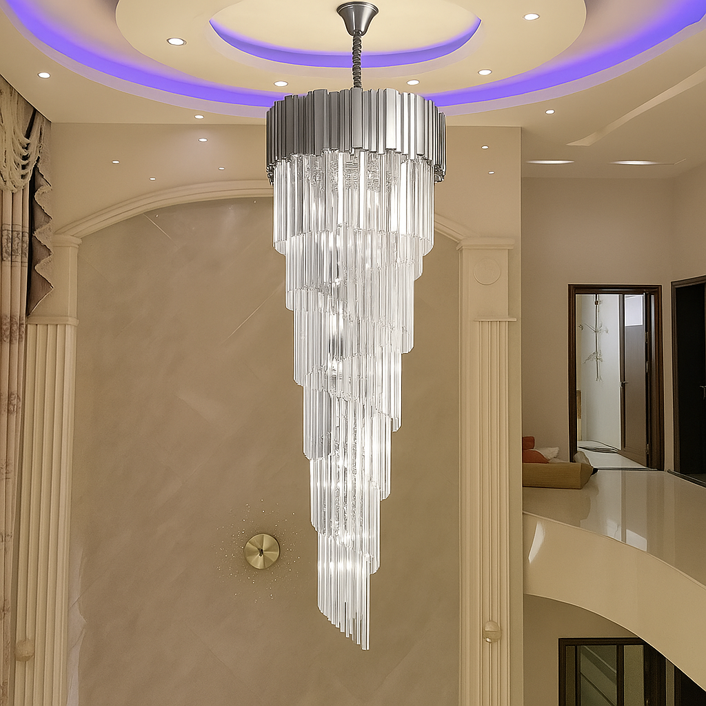Candelabru Cristal BLOIS Ascendere E14, Diametru 60cm, Argintiu, Inaltime Reglabila – RegalStore