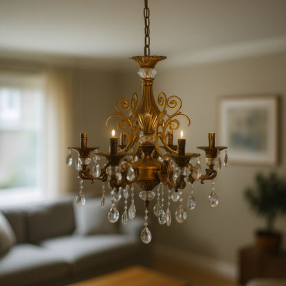 Candelabru SANSSOUCI 6xE14 Metal si Cristal Inaltime Reglabila Alama Antichizata