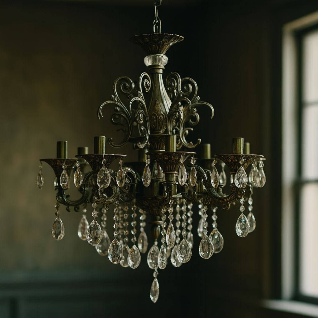 Candelabru SANSSOUCI 8xE14 Metal si Cristal Inaltime Reglabila Alama Antichizata