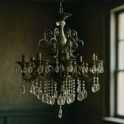 Candelabru SANSSOUCI 8xE14 Metal si Cristal Inaltime Reglabila Alama Antichizata