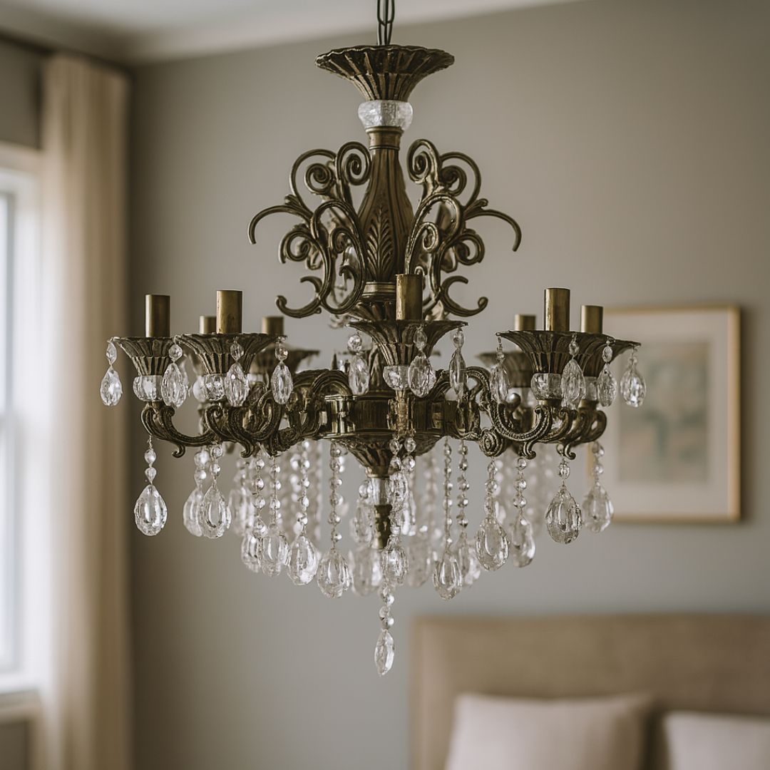 Candelabru SANSSOUCI 8xE14 Metal si Cristal Inaltime Reglabila Alama Antichizata