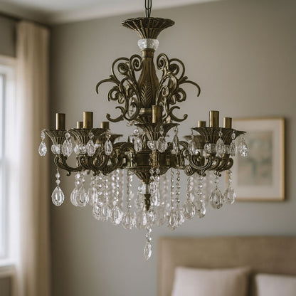 Candelabru SANSSOUCI 8xE14 Metal si Cristal Inaltime Reglabila Alama Antichizata