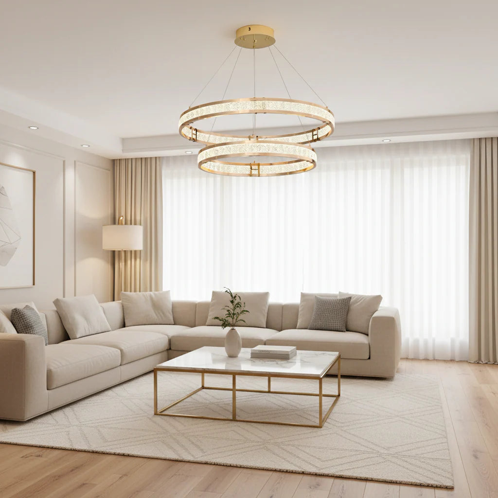 Candelabru Cristal, LINDERHOF Magno, 75W, Diametru 60cm, Lumina Rece/Calda/Neutra, Auriu, Inaltime Reglabila