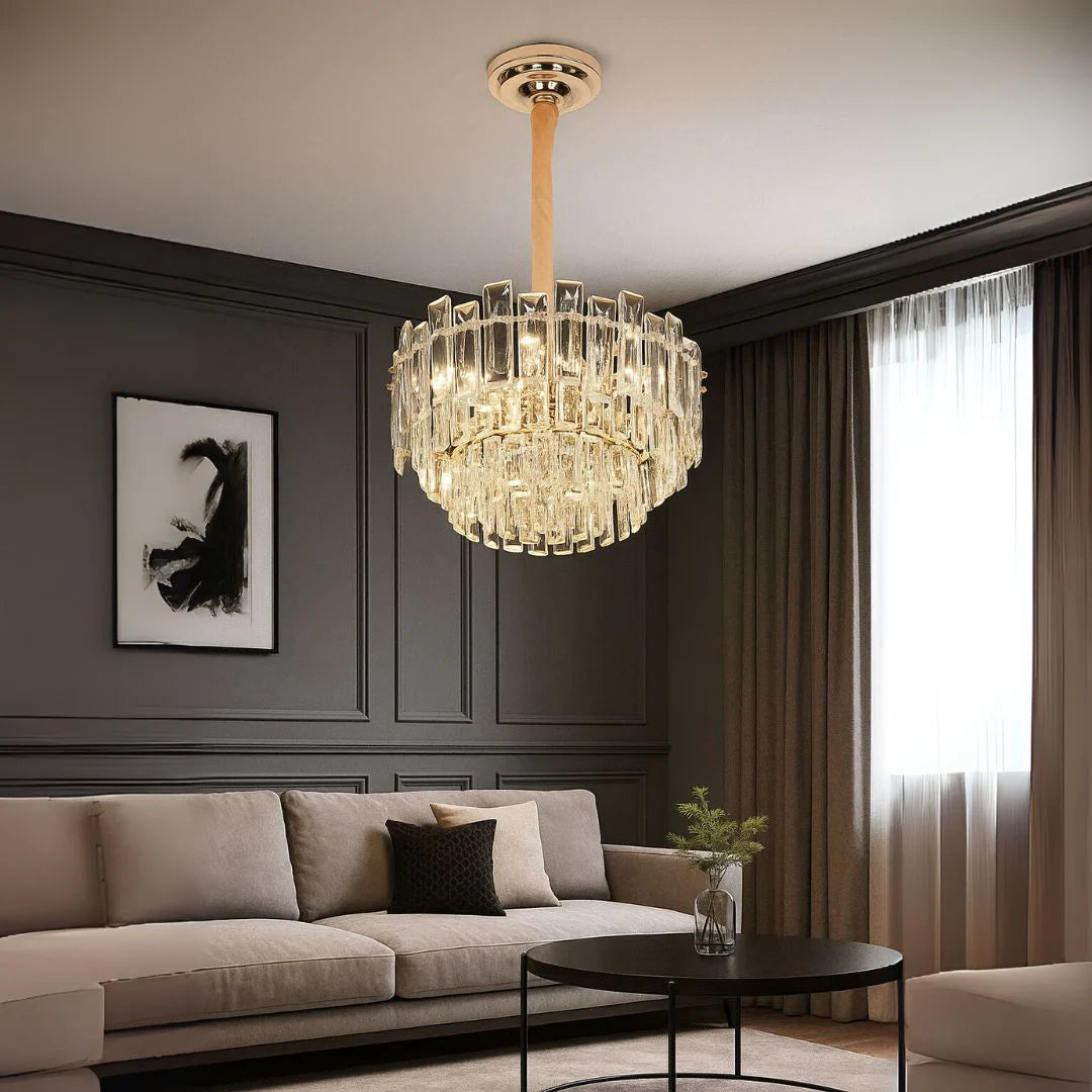 Candelabru Cristal FONTAINEBLEAU Eleganza, 9x E14, Diametru 45cm, Auriu, Inaltime Reglabila