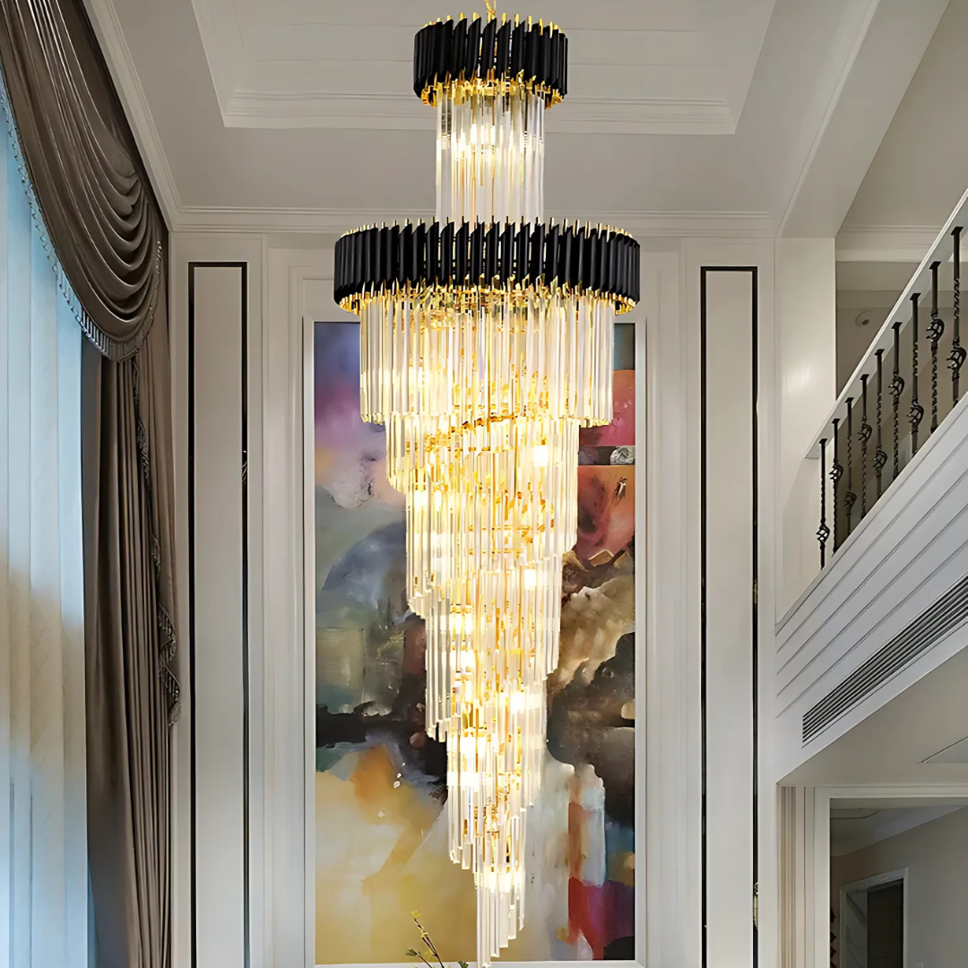 Candelabru Cristal VERSAILLES Ascendere 27xE14, Diametru 60cm, Auriu Lucios si Negru, Inaltime Reglabila – RegalStore