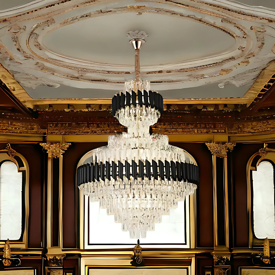 Candelabru Cristal VERSAILLES Supremo Reale E14, 80cm x 110cm, Auriu Lucios si Negru, Inaltime Reglabila – RegalStore