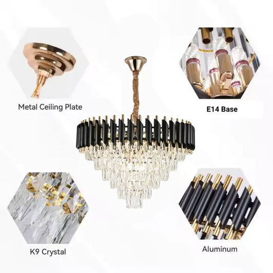 Candelabru Cristal VERSAILLES Magno 8xE14, Diametru 60cm, Negru si Auriu, Inaltime Reglabila