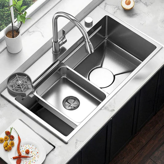 Set Chiuveta Bucatarie Inox cu Baterie Dubla, Cuva Universala cu Dop Scurgere, Spalator Pahare, Negru Grafit, 75x45X21cm