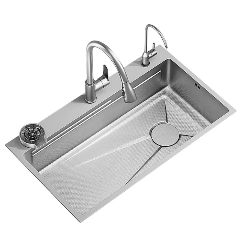 Set Chiuveta Bucatarie Inox cu Baterie Dubla, Cuva Universala cu Dop Scurgere, Spalator Pahare, Negru Grafit, 75x45X21cm