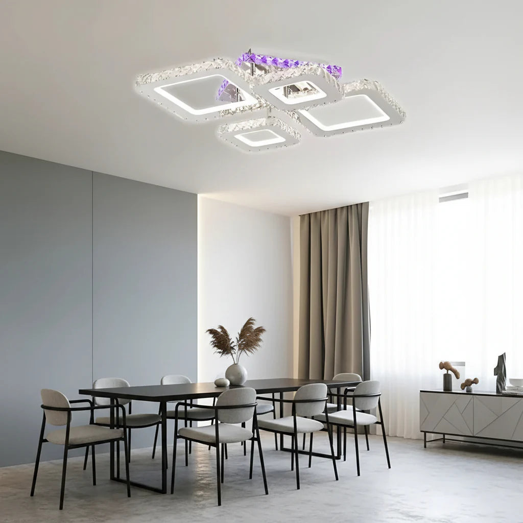 Lustra LED cu telecomanda si cristal NOVA RHOMBA RGB, 60W, 4 Patrate, lumina Rece/Calda/Neutra, Dimabila, Crom Lucios