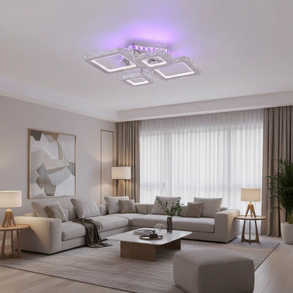 Lustra LED cu telecomanda si cristal NOVA RHOMBA RGB, 60W, 4 Patrate, lumina Rece/Calda/Neutra, Dimabila, Crom Lucios