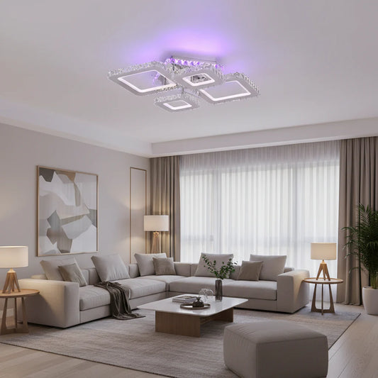 Lustra LED cu telecomanda si cristal NOVA RHOMBA RGB, 60W, 4 Patrate, lumina Rece/Calda/Neutra, Dimabila, Crom Lucios