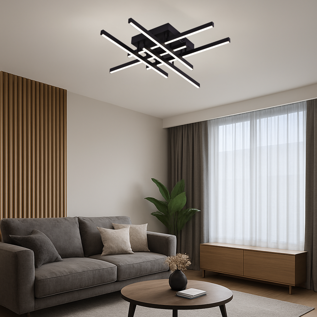 Lustra LED cu Telecomanda Aroldo, 63W, 6 Elemente, Liniara, lumina Rece/Calda/Neutra, Dimabila, Negru