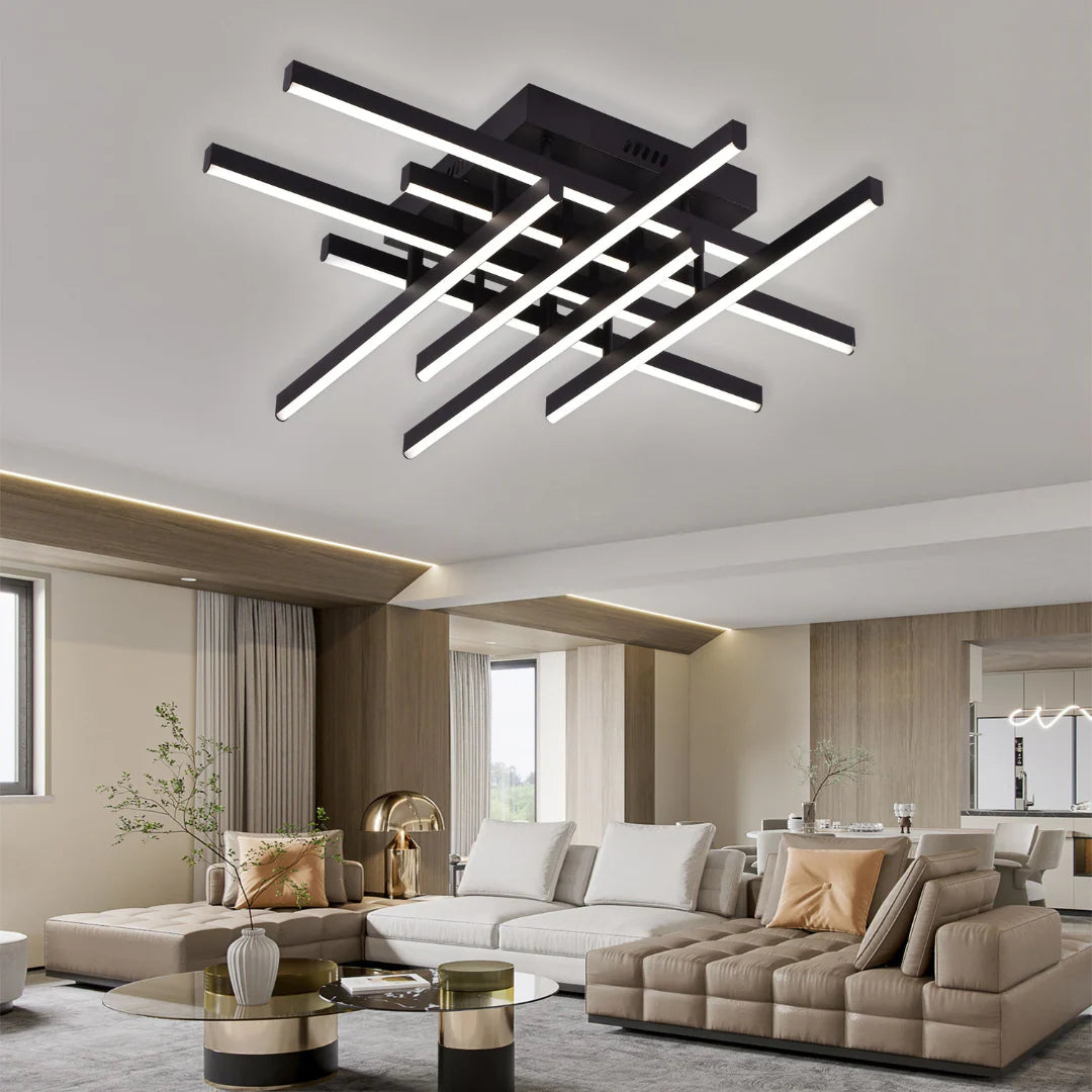 Lustra LED cu Telecomanda LINEX, 90W, 8 elemente, Lumina Rece/Calda/Neutra, Dimabila, Negru