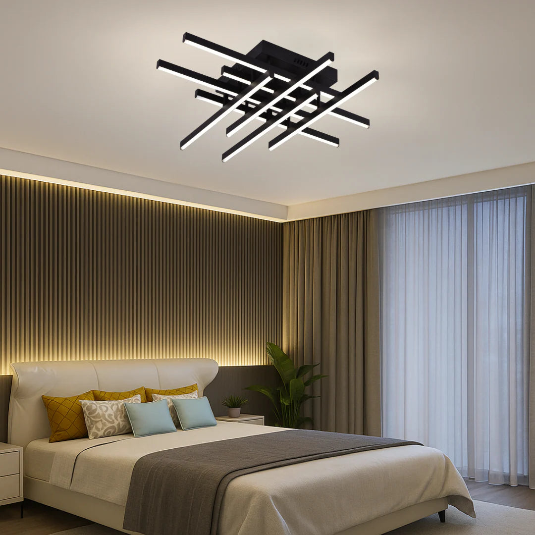Lustra LED cu Telecomanda LINEX, 90W, 8 elemente, Lumina Rece/Calda/Neutra, Dimabila, Negru