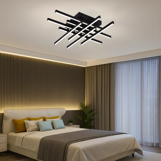 Lustra LED cu Telecomanda LINEX, 90W, 8 elemente, Lumina Rece/Calda/Neutra, Dimabila, Negru