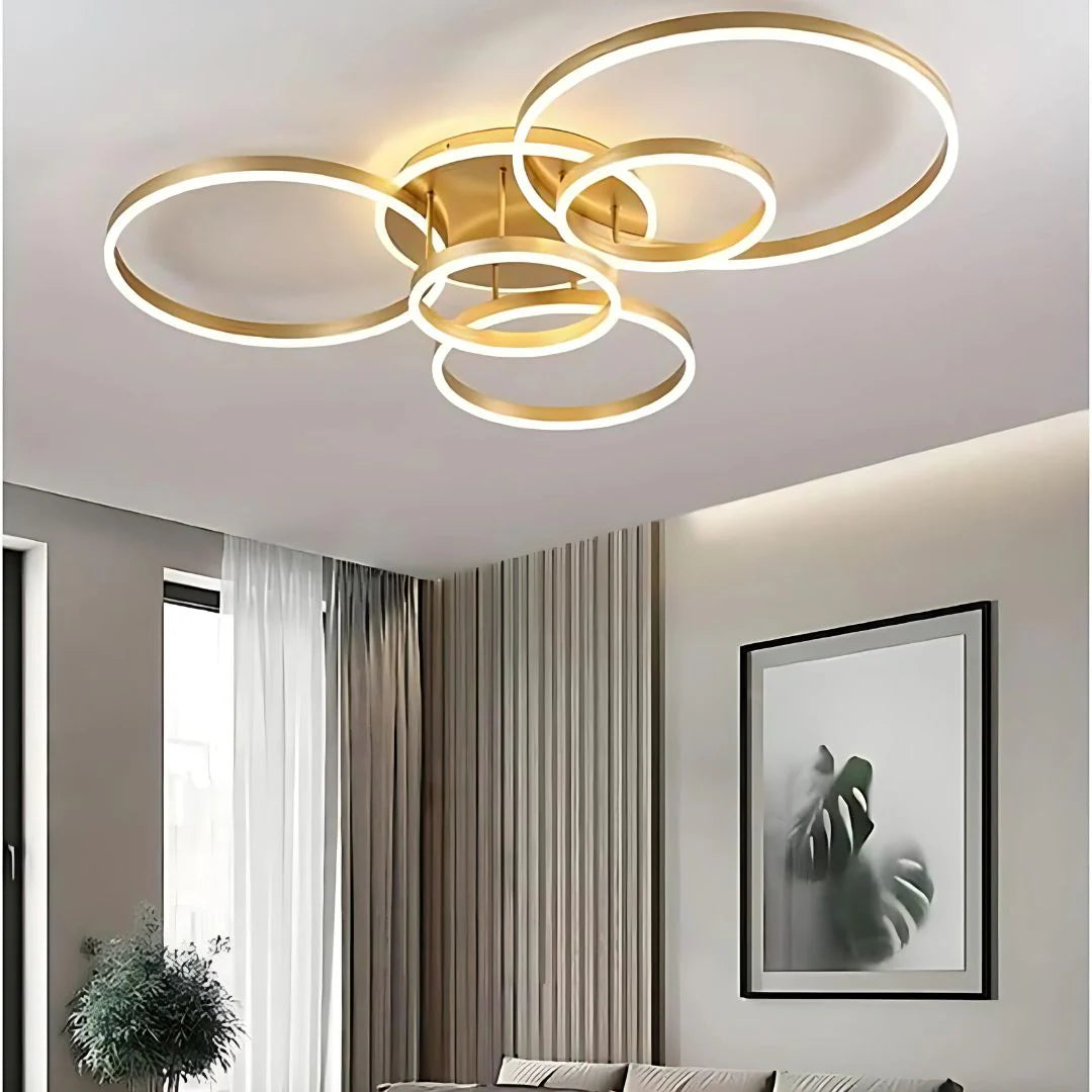 Lustra LED cu Telecomnda DARIO, 5 cercuri, 138W, Lumina Calda/Rece/Neutra, Dimabila, Auriu