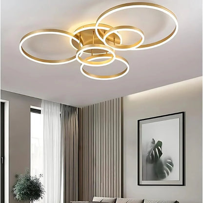 Lustra LED cu Telecomnda DARIO, 5 cercuri, 138W, Lumina Calda/Rece/Neutra, Dimabila, Auriu