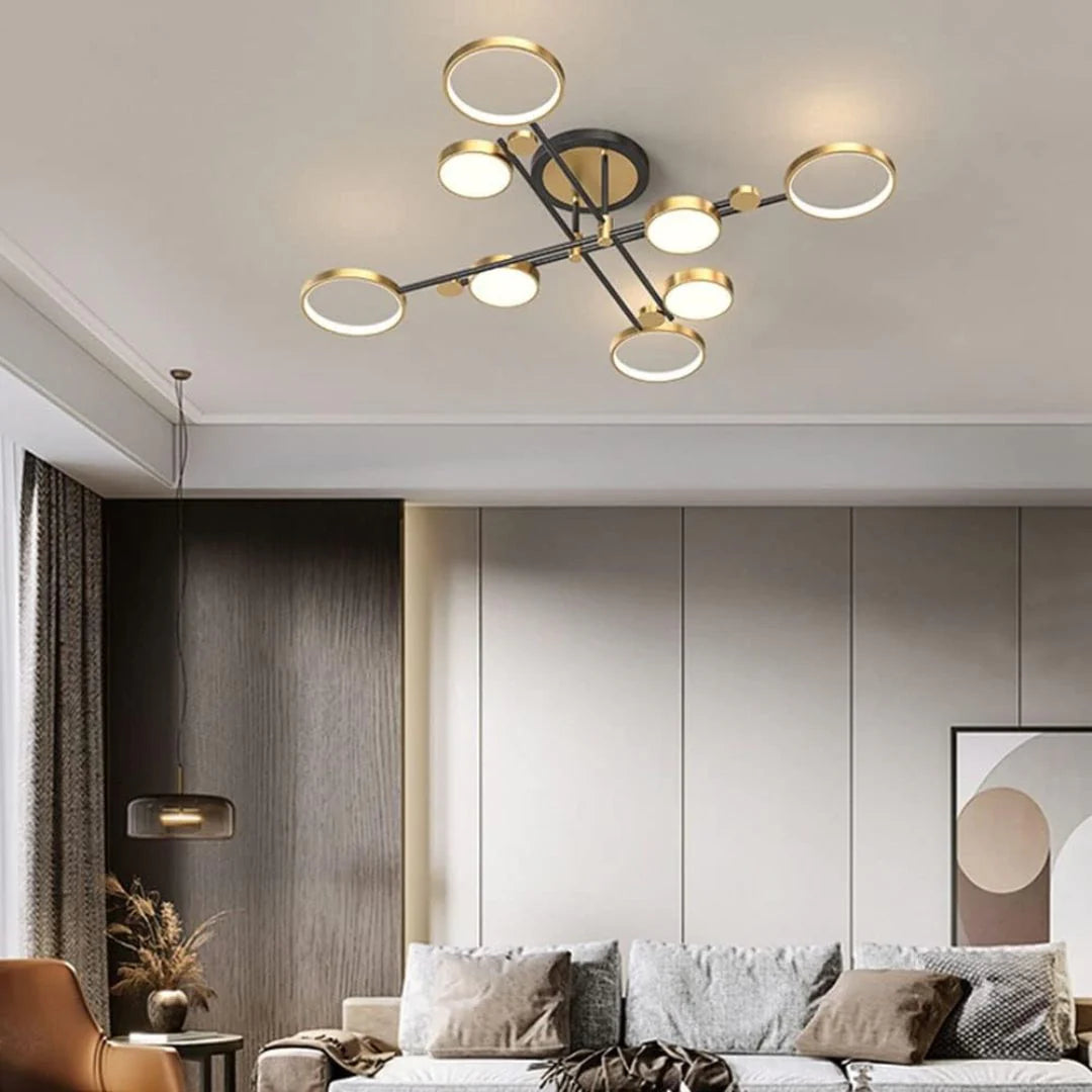 Lustra LED cu Telecomnda MARIA, 8 Elemente, 63W, Lumina Calda/Rece/Neutra, Dimabila, Auriu