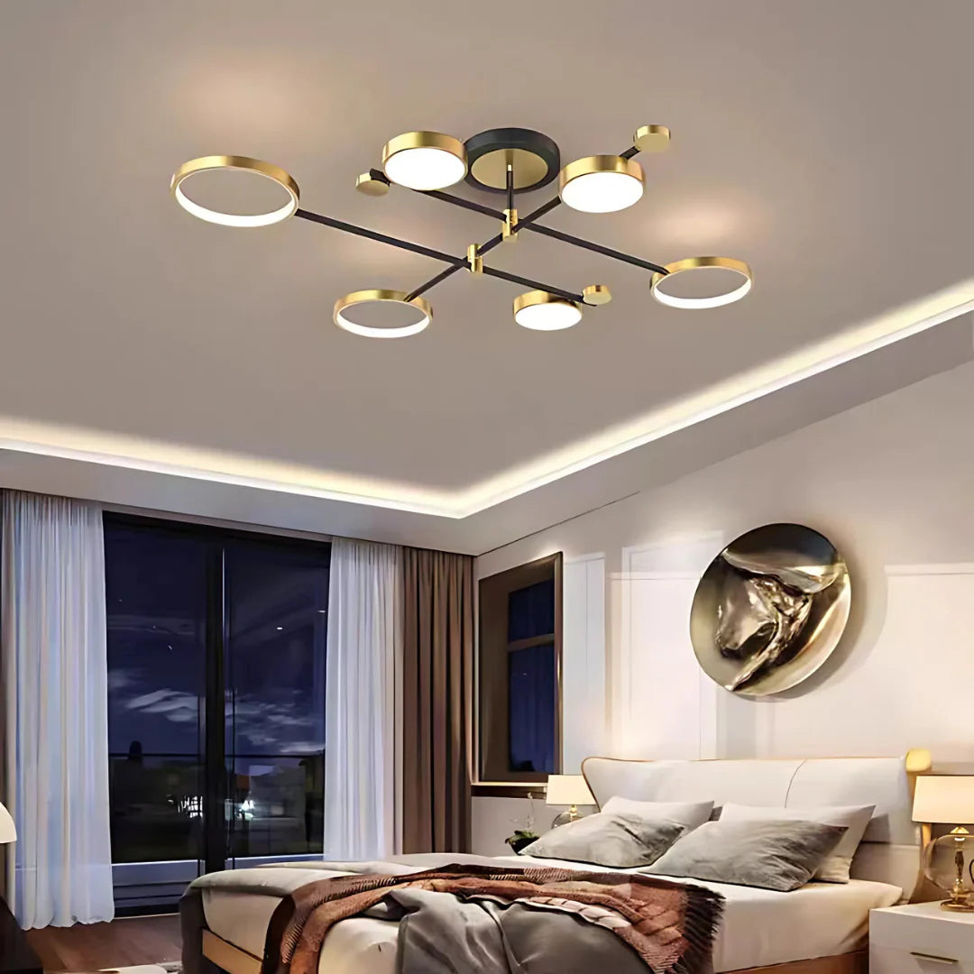 Lustra LED cu Telecomanda MARIA, 6 Elemente, 63W, Lumina Calda/Rece/Neutra, Dimabila, Auriu