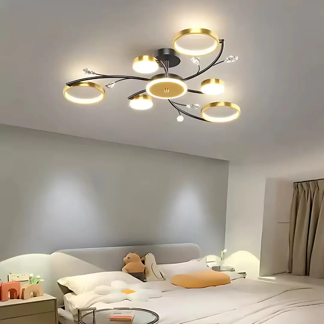 Lustra LED cu Telecomnda KARINA, 61W, 6 Elemente, Lumina Calda/Rece/Neutra, Dimabila, Auriu