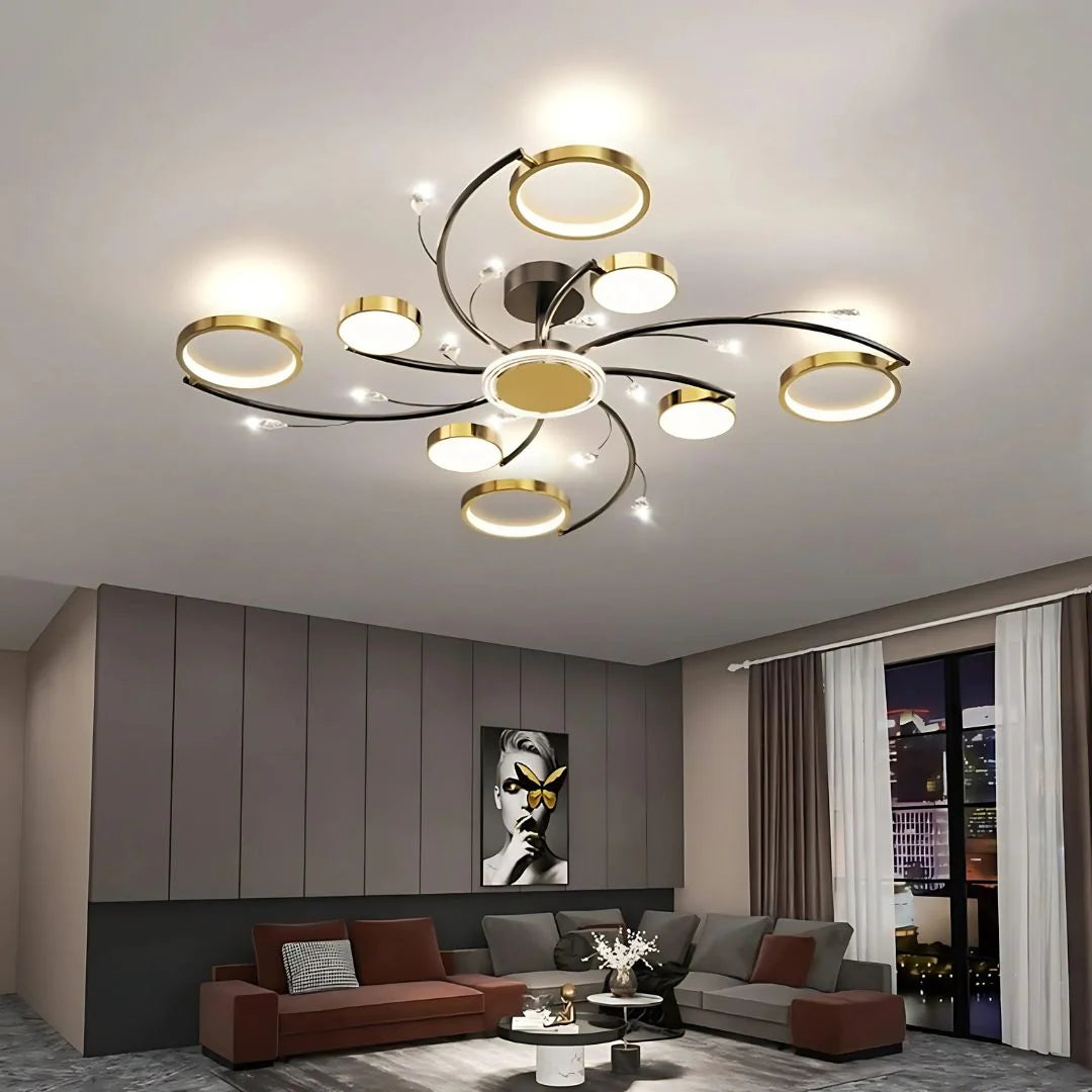 Lustra LED cu Telecomnda KARINA, 63W, 8 Elemente, Lumina Calda/Rece/Neutra, Dimabila, Auriu