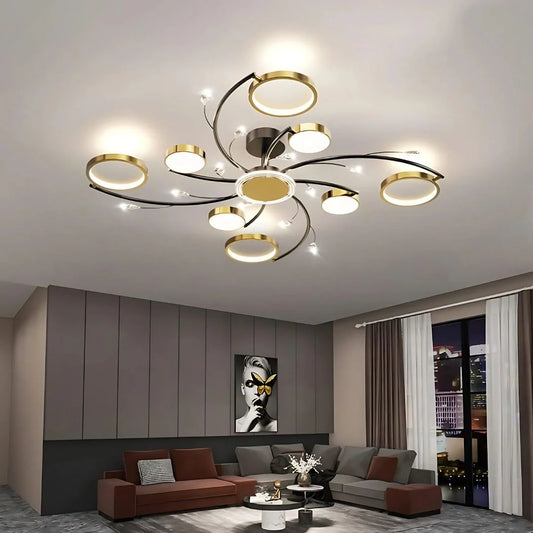 Lustra LED cu Telecomnda KARINA, 63W, 8 Elemente, Lumina Calda/Rece/Neutra, Dimabila, Auriu